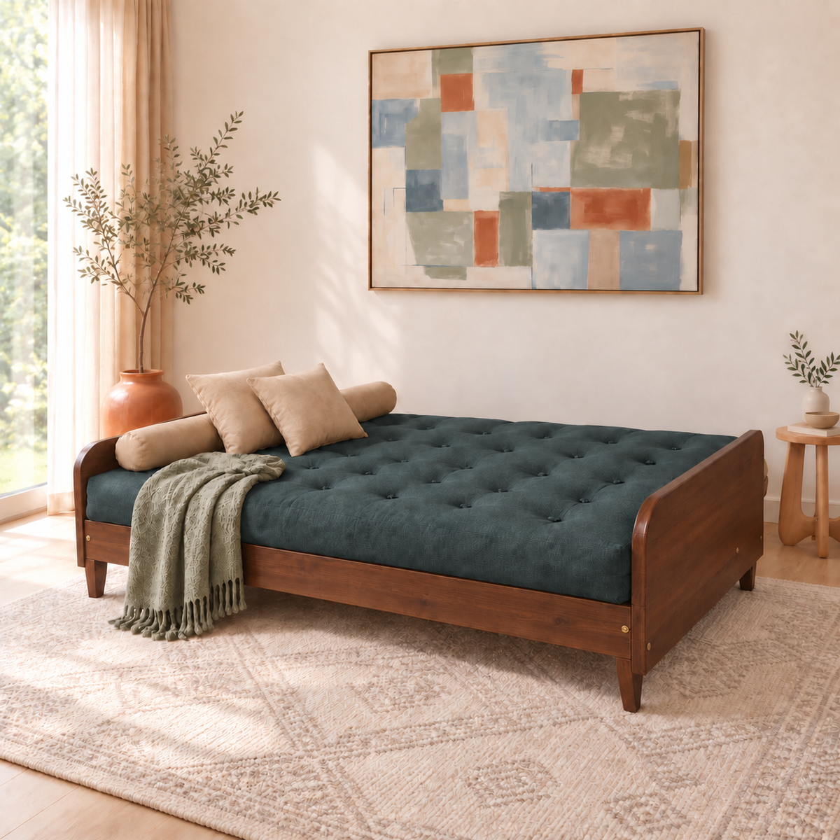 Sofá Cama Casal Futon Paris II Acquablock em Madeira Maciça Imbuia - Cor Verde Oliva - modo cama