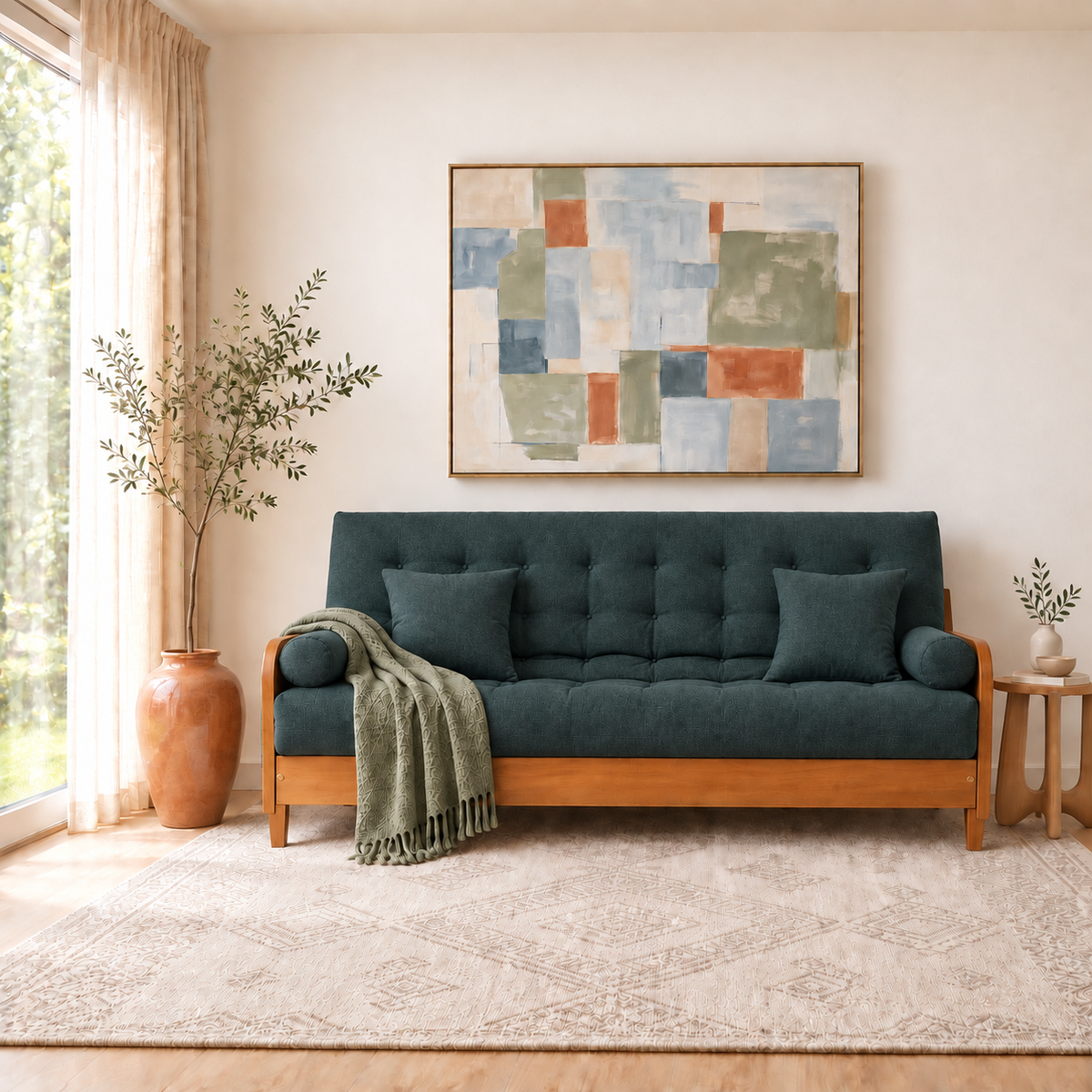 Sofá Cama Casal Futon Paris II Acquablock em Madeira Maciça Mel - Cor Verde Oliva - ambientada