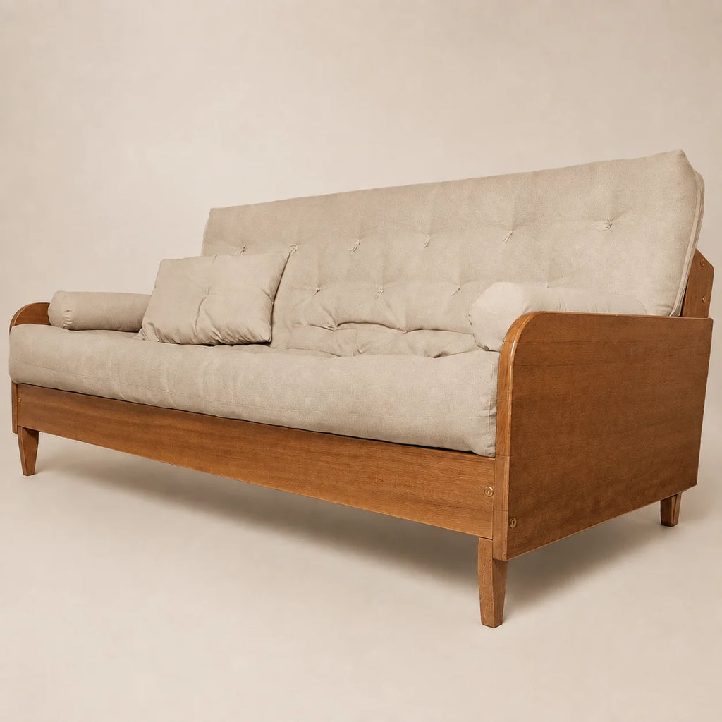 Sof� Cama Casal Futon D33 Paris II Sarja em Madeira Maci�a Mel - Cor Bege Claro