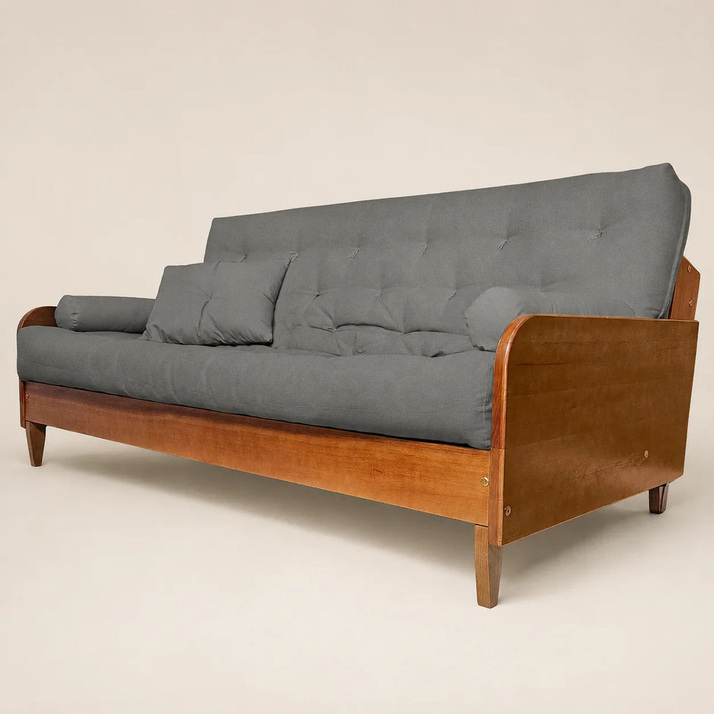 Sof� Cama Casal Futon D33 Paris II Sarja em Madeira Maci�a Natural - Cor Cinza