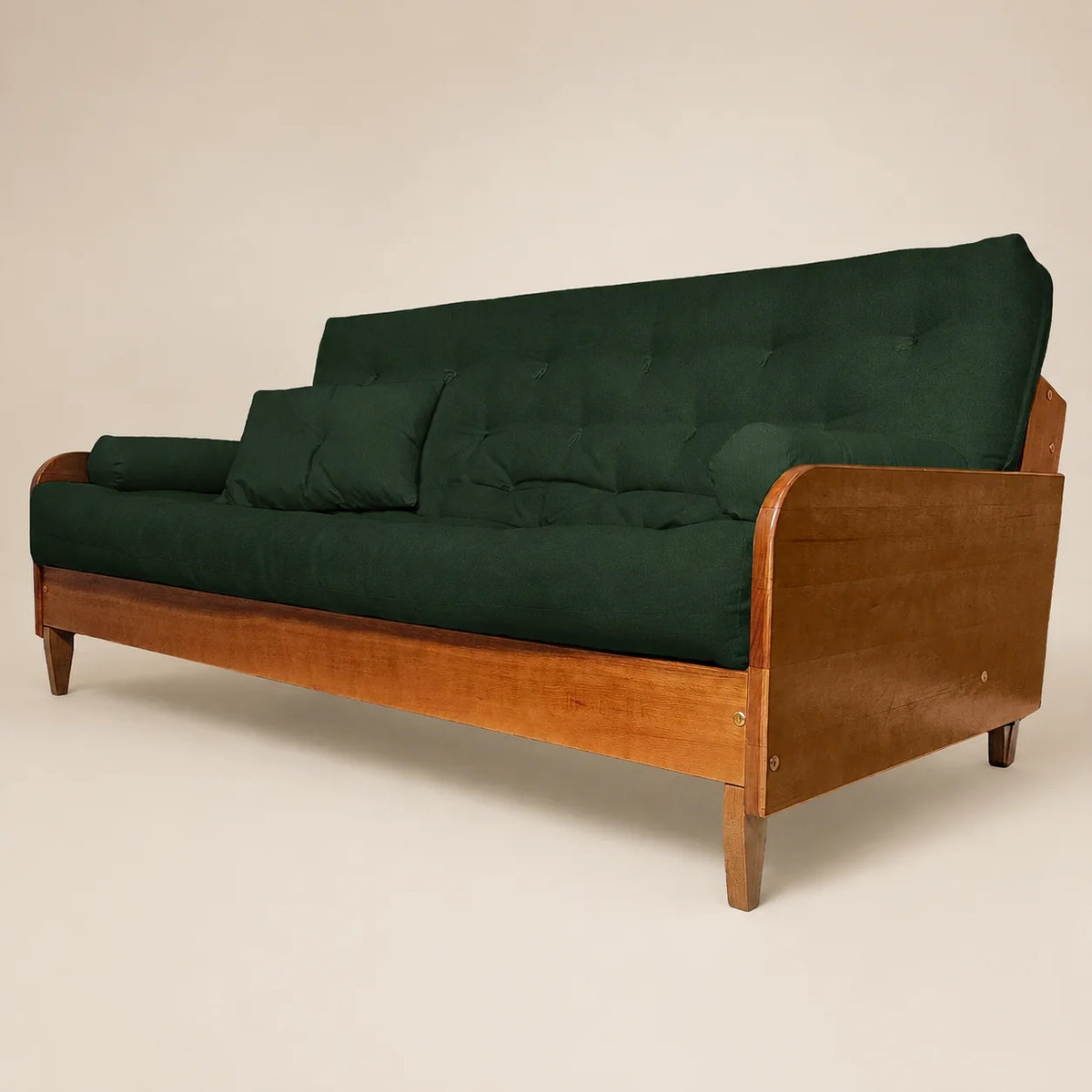 Sofá Cama Casal Futon D33 Paris II Sarja em Madeira Maciça Mel - Cor Verde Militar