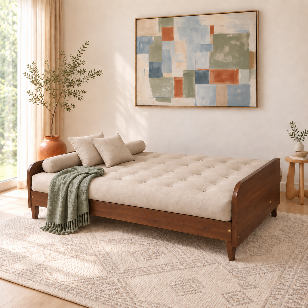Sofá Cama Casal Futon Paris II Sarja em Madeira Maciça Imbuia - Cor Bege Claro - modo cama