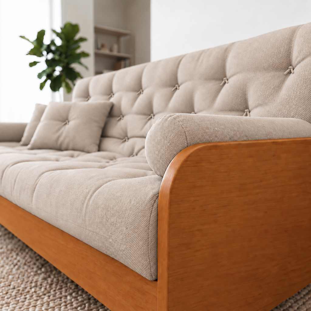 Sofá Cama Casal Futon Paris II Sarja em Madeira Maciça Mel - Cor Bege Claro - detalhe do produto e da madeira
