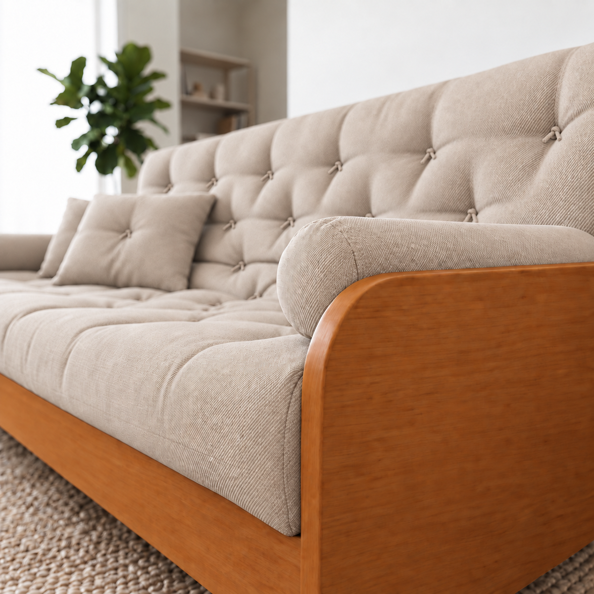 Sofá Cama Casal Futon Paris II Sarja em Madeira Maciça Mel - Cor Bege Claro - detalhe do produto e da madeira