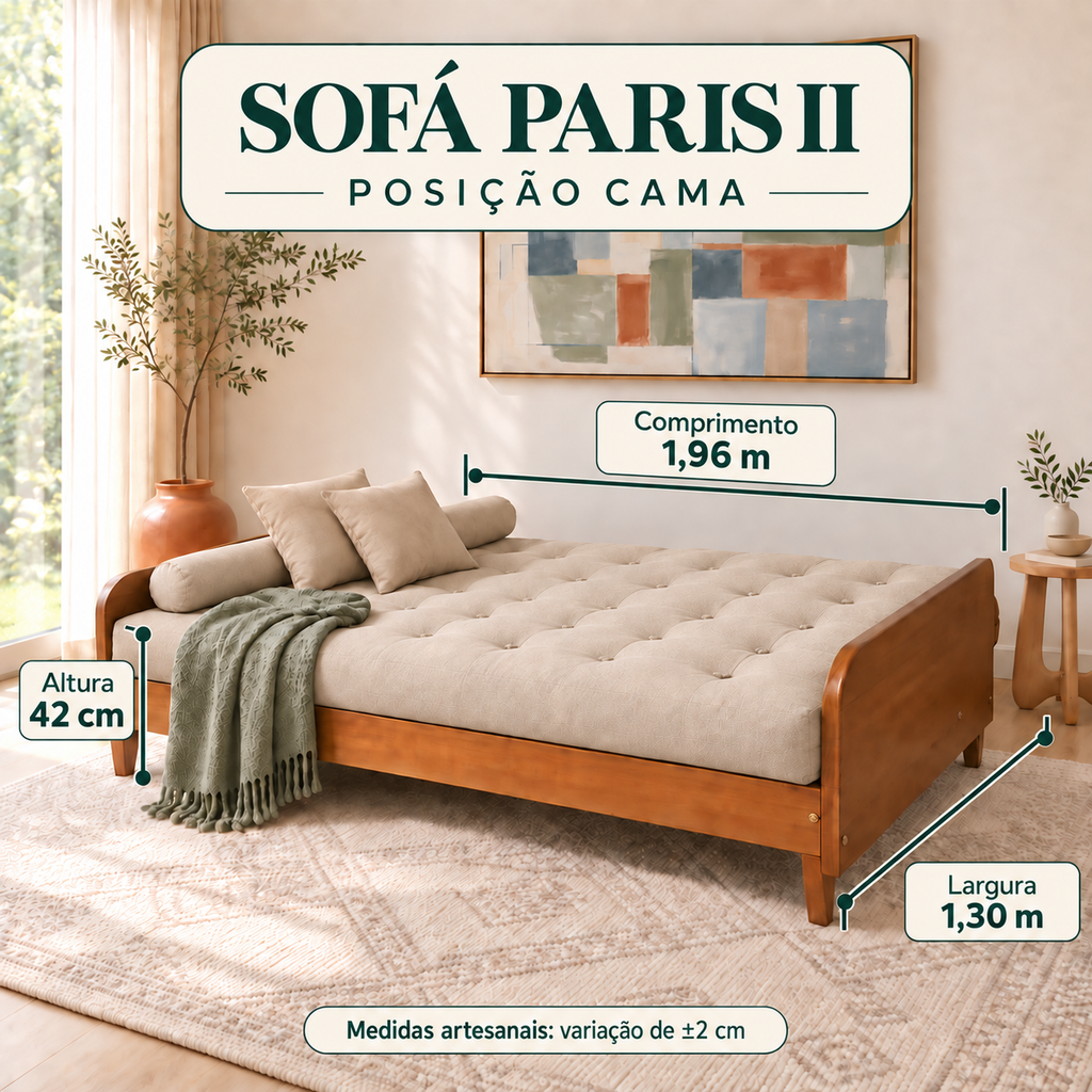 Sofá Cama Casal Futon Paris II Sarja em Madeira Maciça Mel - Cor Bege Claro - guia de medidas na posição cama