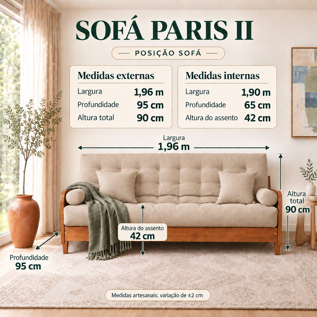 Sofá Cama Casal Futon Paris II Sarja em Madeira Maciça Mel - Cor Bege Claro - guia de medidas na posição sofá