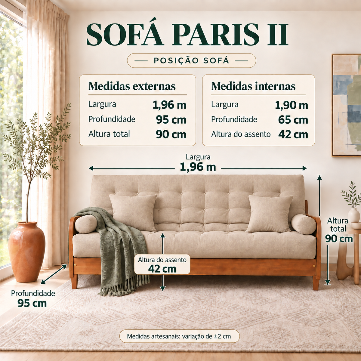 Sofá Cama Casal Futon Paris II Sarja em Madeira Maciça Mel - Cor Bege Claro - guia de medidas na posição sofá