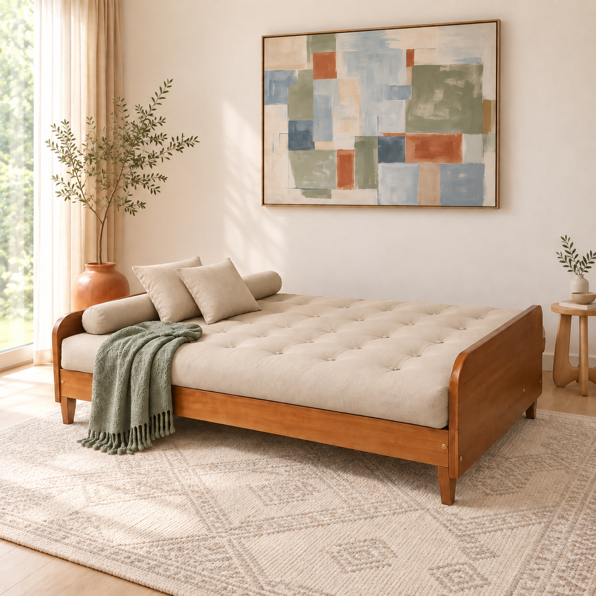 Sofá Cama Casal Futon Paris II Sarja em Madeira Maciça Mel - Cor Bege Claro - modo cama
