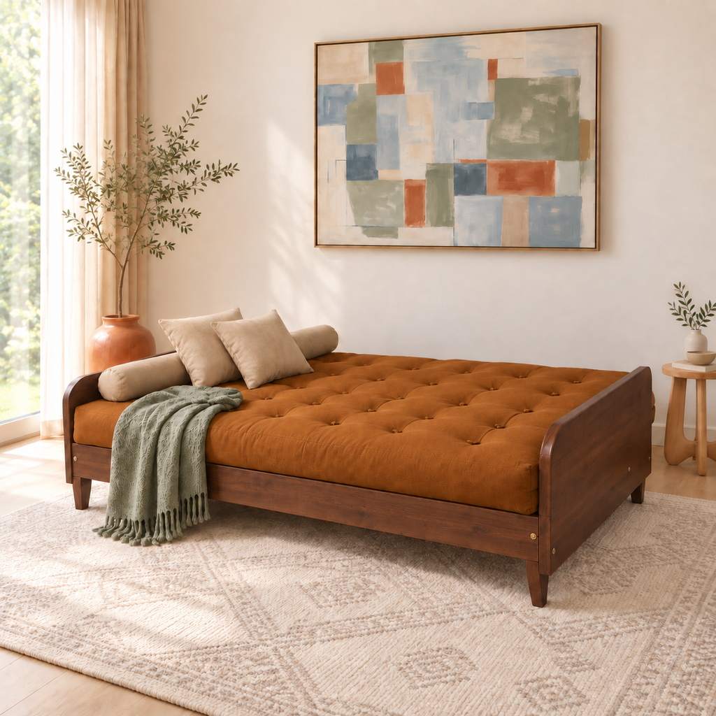 Sofá Cama Casal Futon Paris II Sarja em Madeira Maciça Imbuia - Cor Caramelo - modo cama