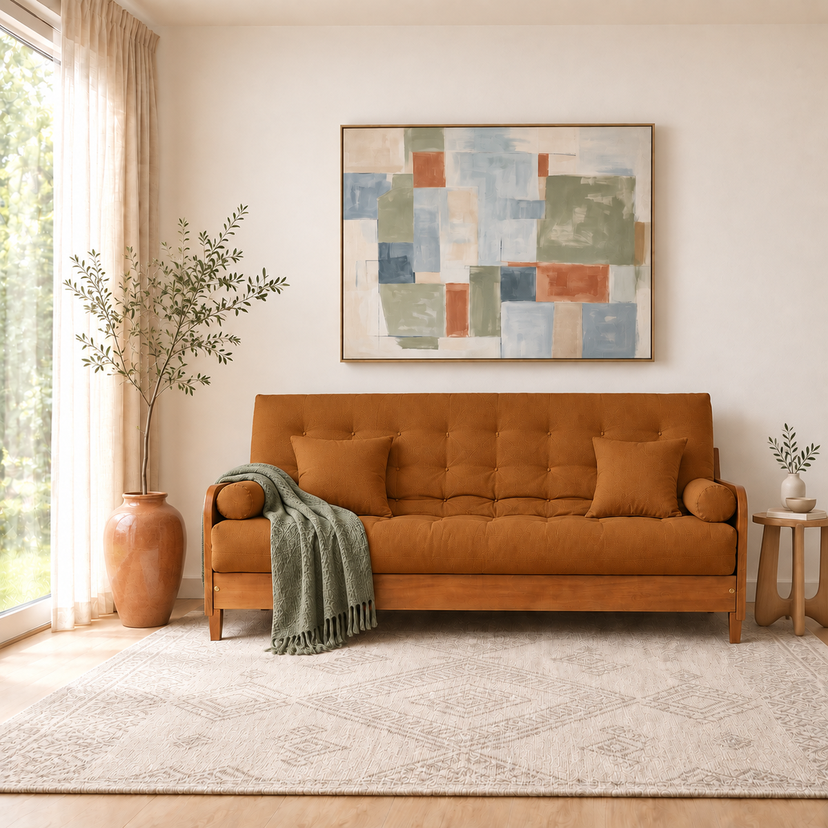 Sofá Cama Casal Futon Paris II Sarja em Madeira Maciça Mel - Cor Caramelo - ambientada