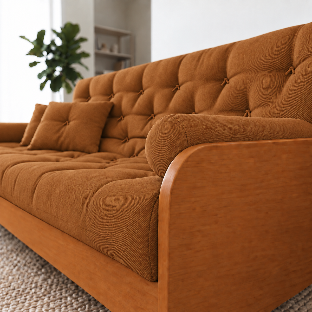 Sofá Cama Casal Futon Paris II Sarja em Madeira Maciça Mel - Cor Caramelo - detalhe do produto e da madeira