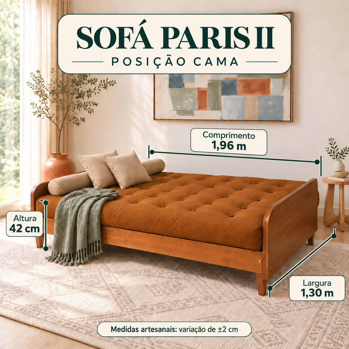 Sofá Cama Casal Futon Paris II Sarja em Madeira Maciça Mel - Cor Caramelo - guia de medidas na posição cama