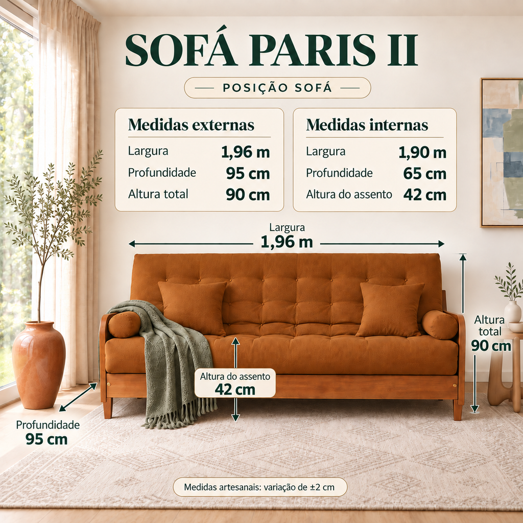 Sofá Cama Casal Futon Paris II Sarja em Madeira Maciça Mel - Cor Caramelo - guia de medidas na posição sofá