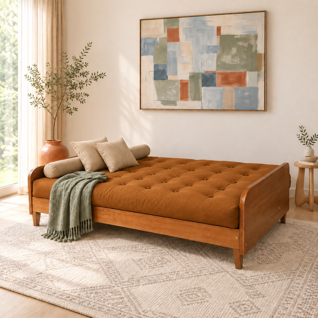 Sofá Cama Casal Futon Paris II Sarja em Madeira Maciça Mel - Cor Caramelo - modo cama