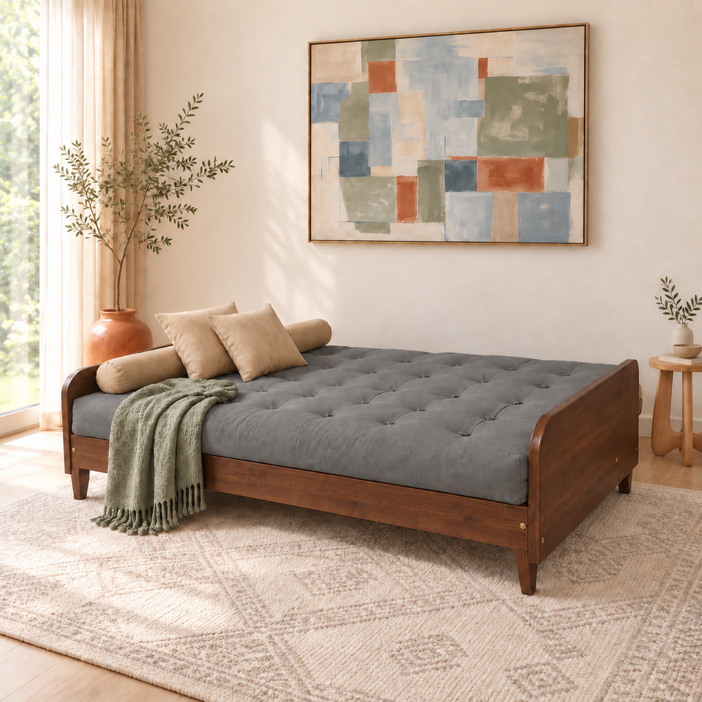Sofá Cama Casal Futon Paris II Sarja em Madeira Maciça Imbuia - Cor Cinza - modo cama