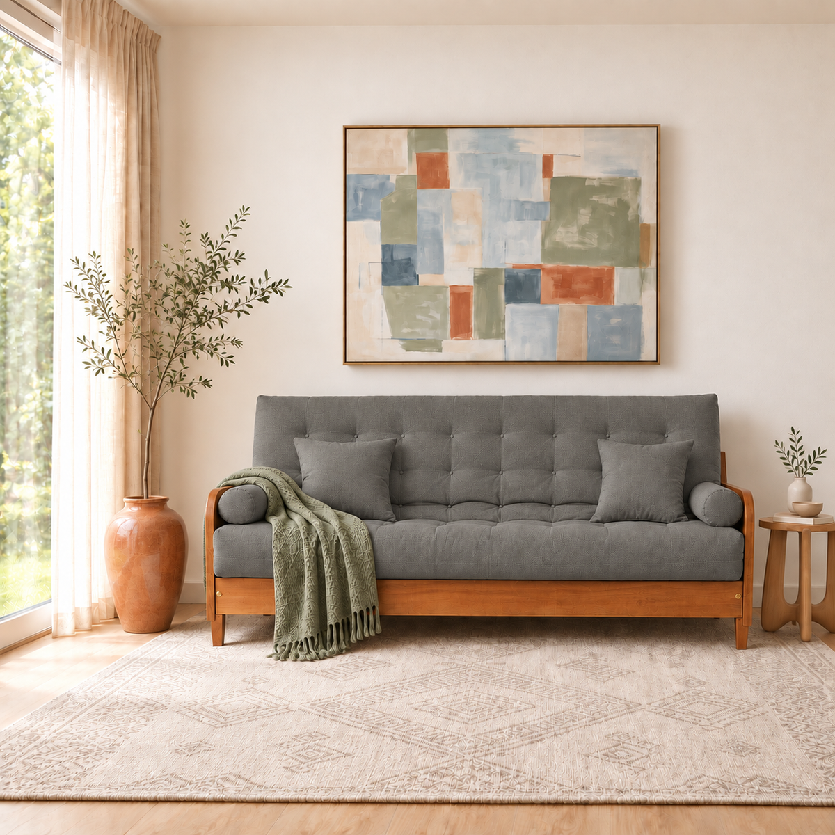 Sofá Cama Casal Futon Paris II Sarja em Madeira Maciça Mel - Cor Cinza - ambientada
