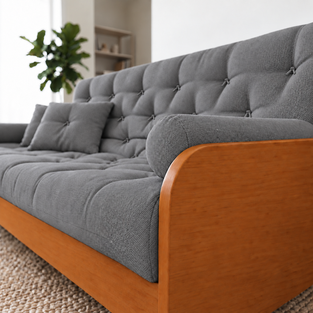 Sofá Cama Casal Futon Paris II Sarja em Madeira Maciça Mel - Cor Cinza - detalhe do produto e da madeira