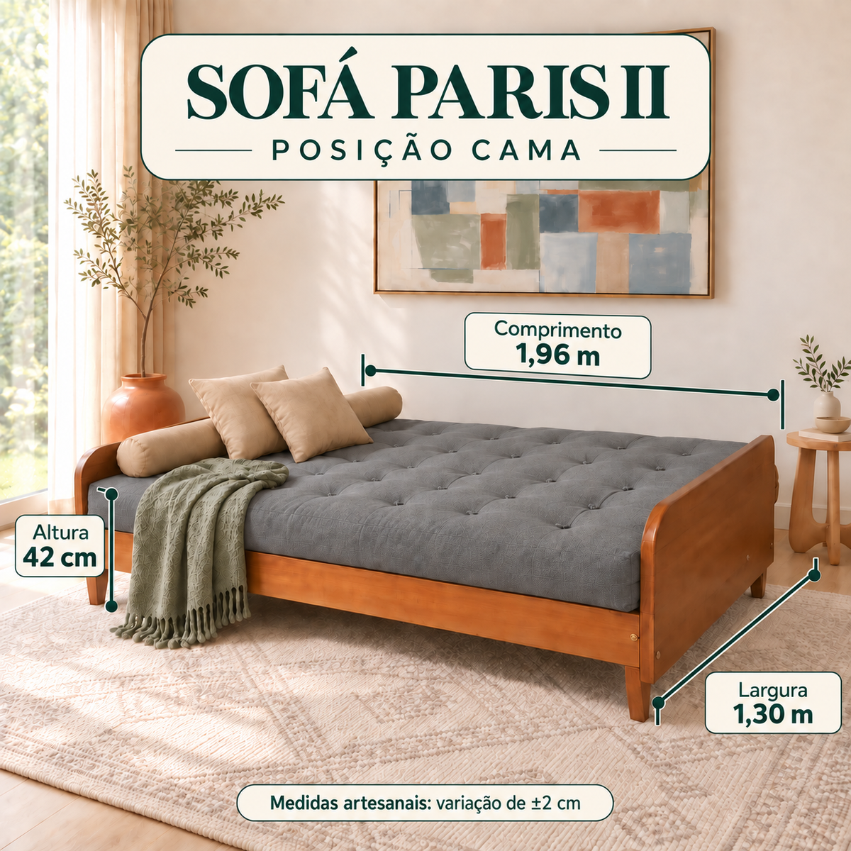 Sofá Cama Casal Futon Paris II Sarja em Madeira Maciça Mel - Cor Cinza - guia de medidas na posição cama
