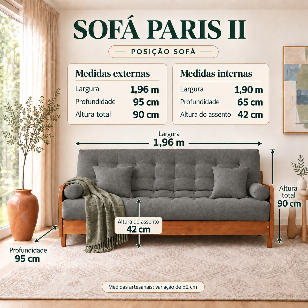 Sofá Cama Casal Futon Paris II Sarja em Madeira Maciça Mel - Cor Cinza - guia de medidas na posição sofá