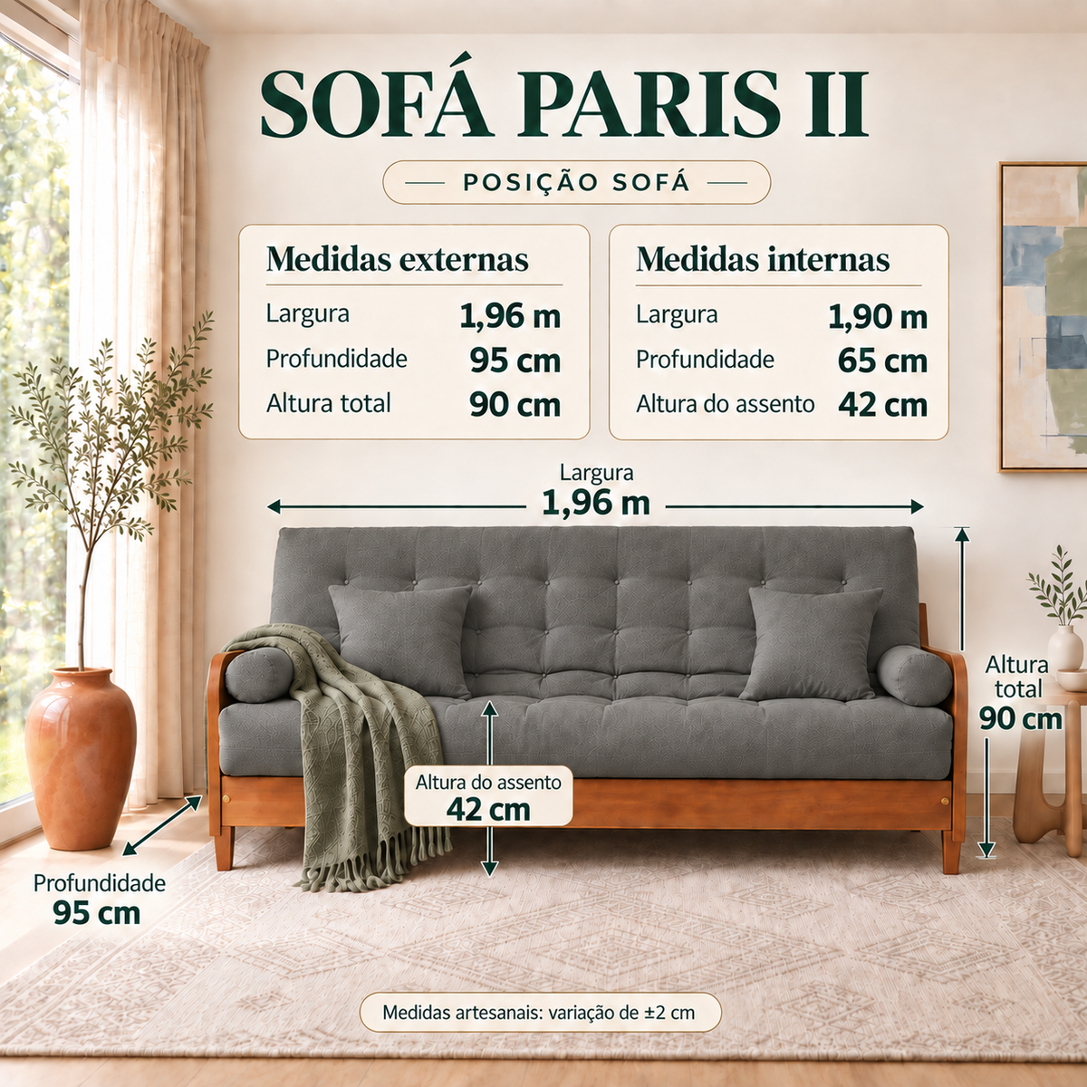 Sofá Cama Casal Futon Paris II Sarja em Madeira Maciça Mel - Cor Cinza - guia de medidas na posição sofá