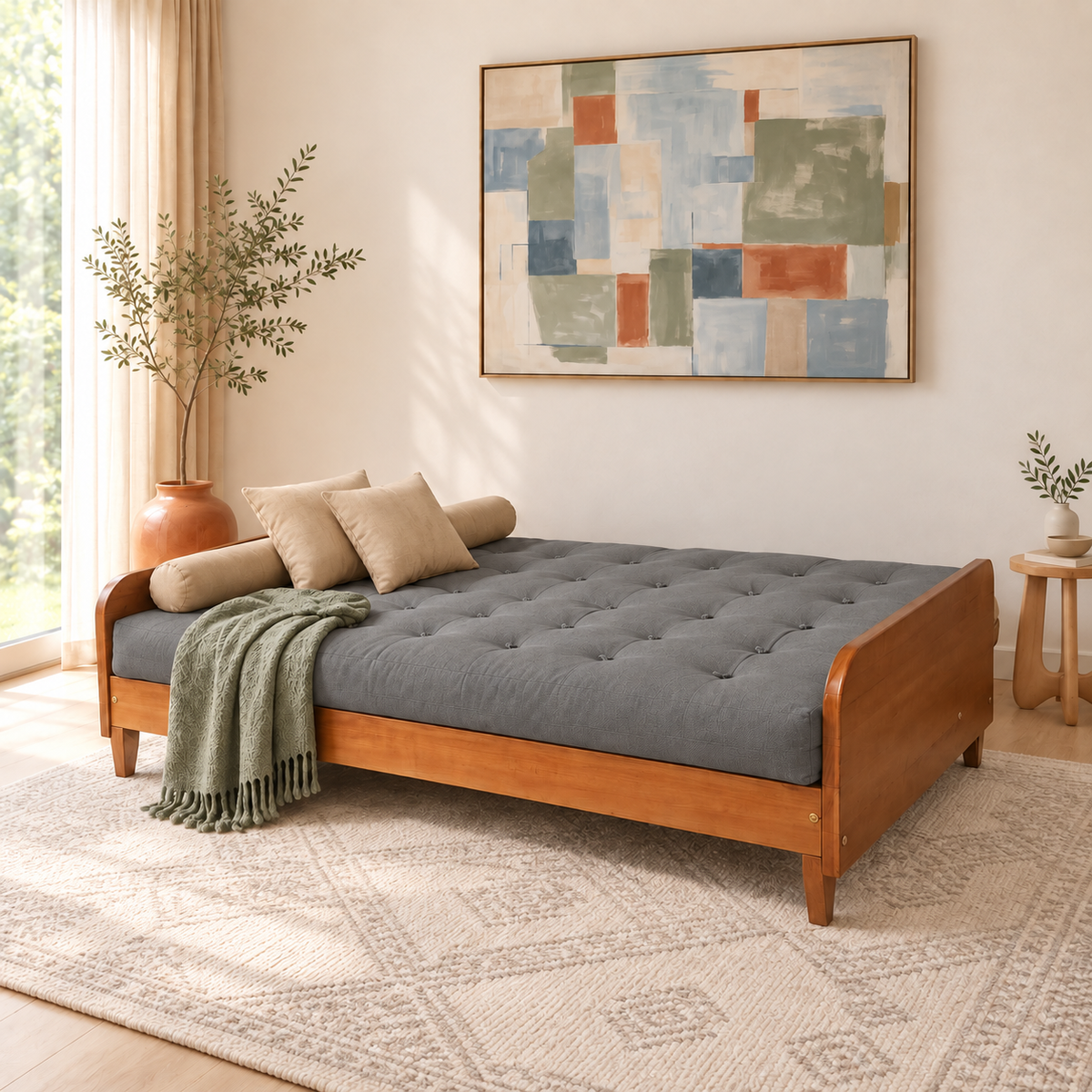 Sofá Cama Casal Futon Paris II Sarja em Madeira Maciça Mel - Cor Cinza - modo cama