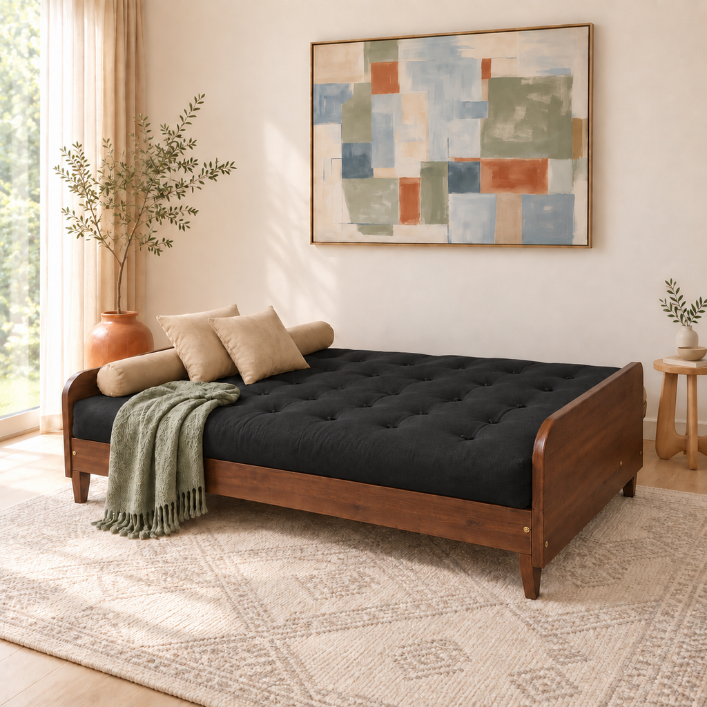 Sofá Cama Casal Futon Paris II Sarja em Madeira Maciça Imbuia - Cor Preto - modo cama