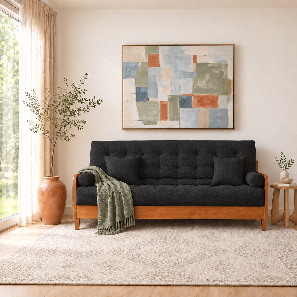 Sofá Cama Casal Futon Paris II Sarja em Madeira Maciça Mel - Cor Preto - ambientada