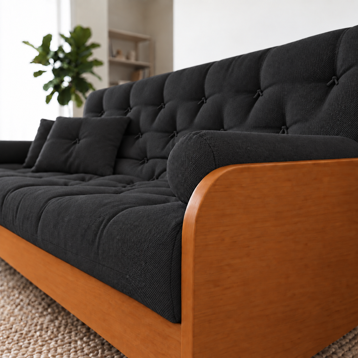 Sofá Cama Casal Futon Paris II Sarja em Madeira Maciça Mel - Cor Preto - detalhe do produto e da madeira