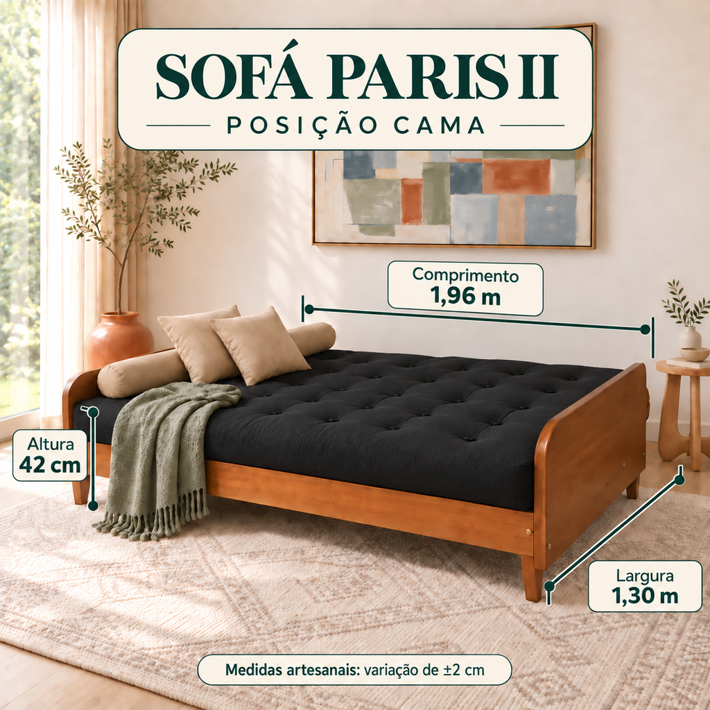 Sofá Cama Casal Futon Paris II Sarja em Madeira Maciça Mel - Cor Preto - guia de medidas na posição cama