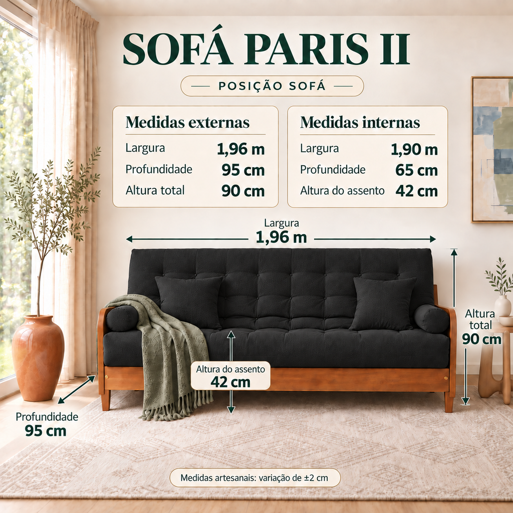Sofá Cama Casal Futon Paris II Sarja em Madeira Maciça Mel - Cor Preto - guia de medidas na posição sofá