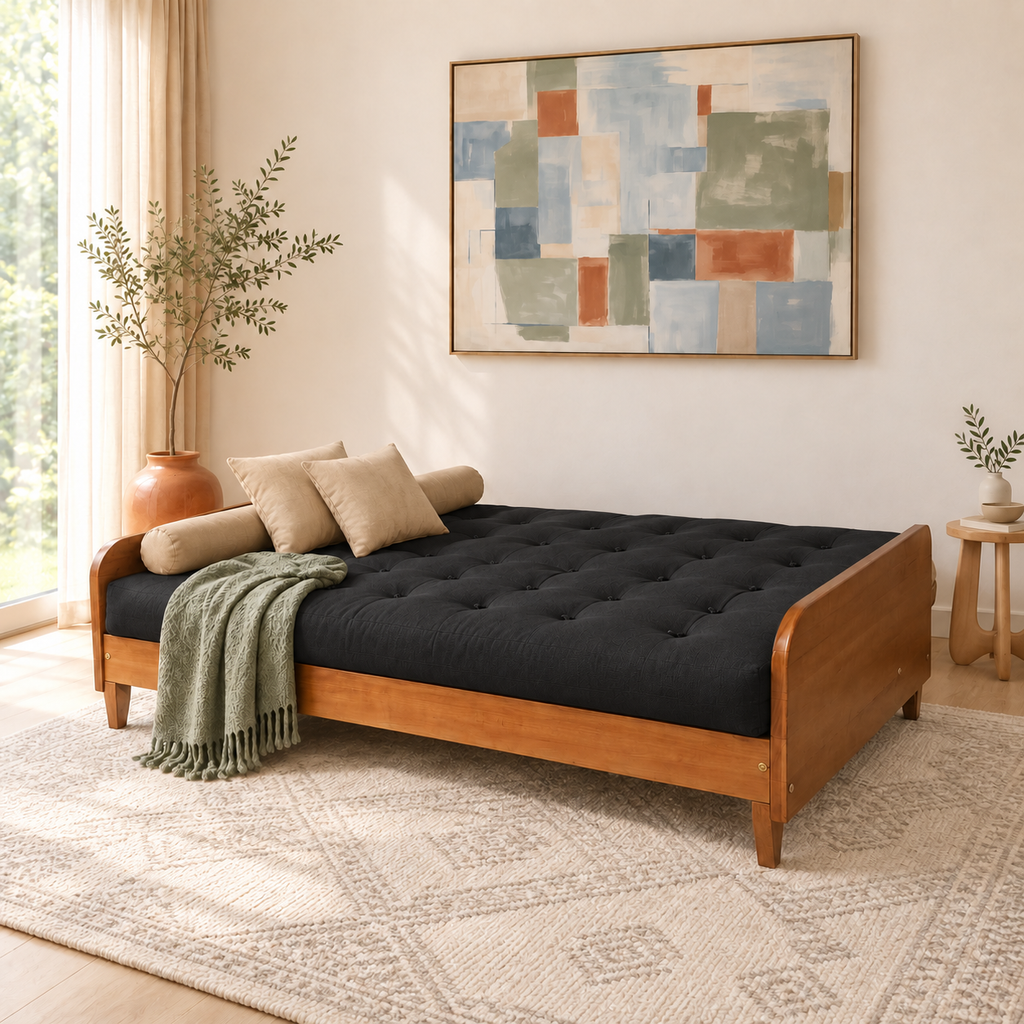 Sofá Cama Casal Futon Paris II Sarja em Madeira Maciça Mel - Cor Preto - modo cama