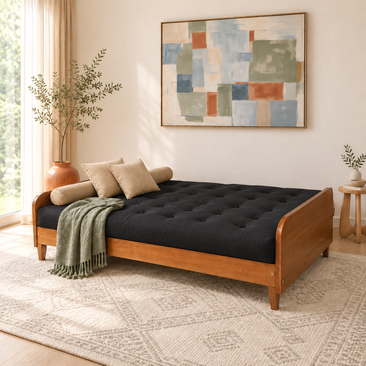 Sofá Cama Casal Futon Paris II Sarja em Madeira Maciça Mel - Cor Preto - modo cama
