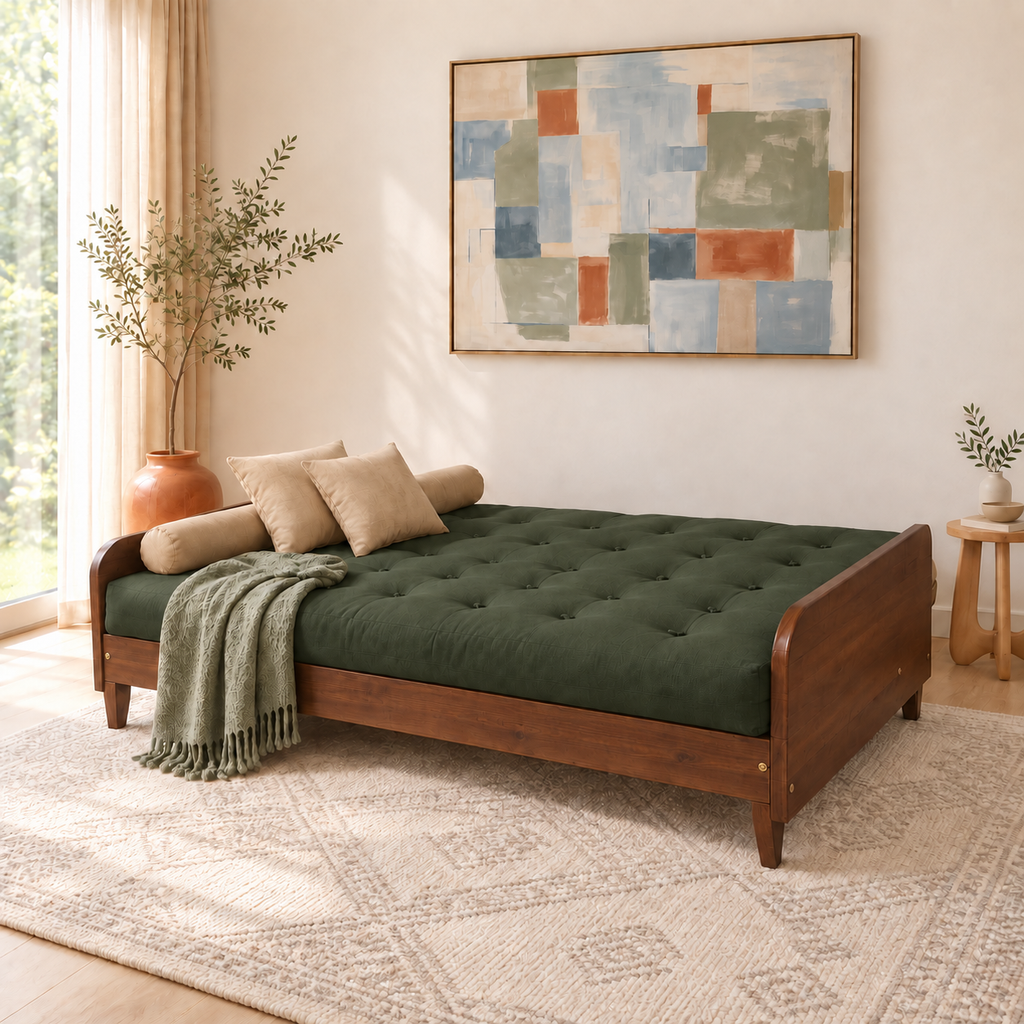 Sofá Cama Casal Futon Paris II Sarja em Madeira Maciça Imbuia - Cor Verde Militar - modo cama