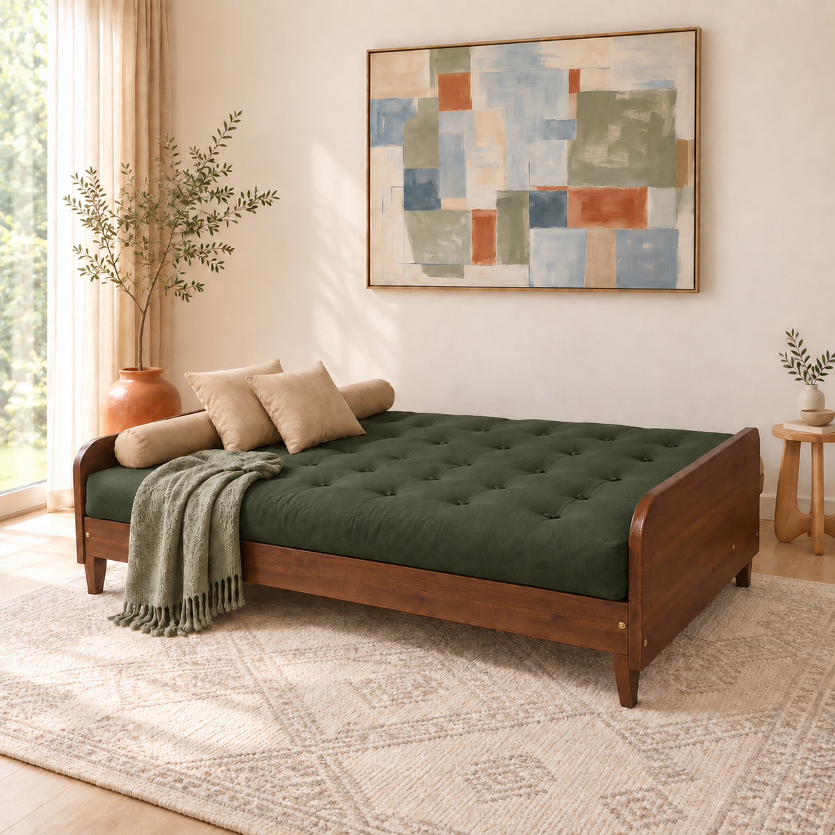 Sofá Cama Casal Futon Paris II Sarja em Madeira Maciça Imbuia - Cor Verde Militar - modo cama