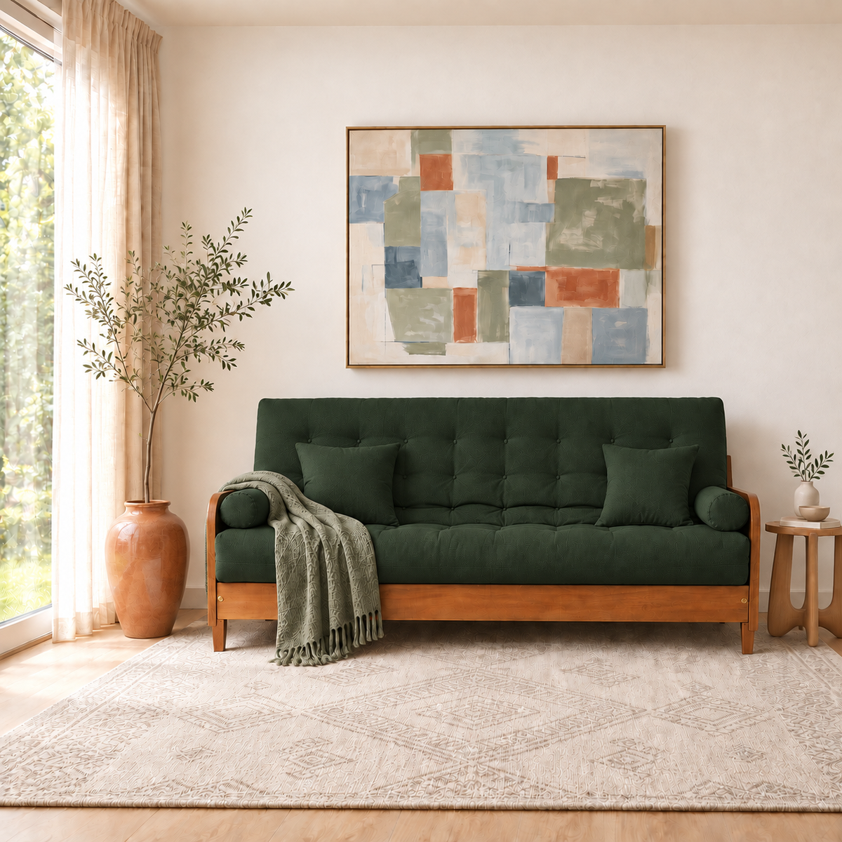 Sofá Cama Casal Futon Paris II Sarja em Madeira Maciça Mel - Cor Verde Militar - ambientada