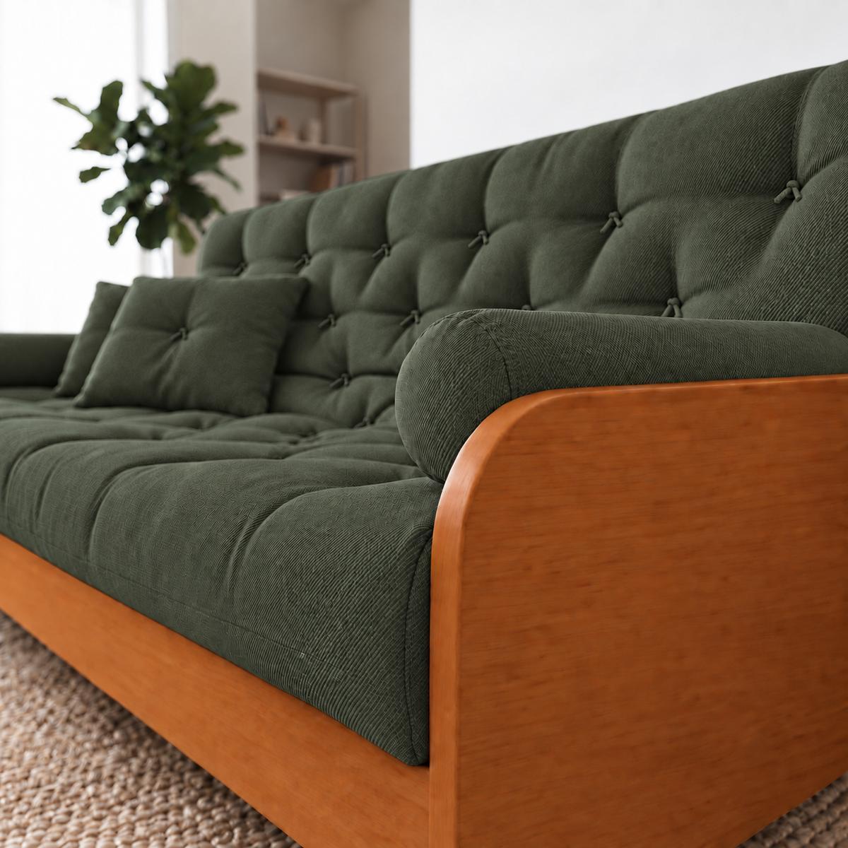 Sofá Cama Casal Futon Paris II Sarja em Madeira Maciça Mel - Cor Verde Militar - detalhe do produto e da madeira