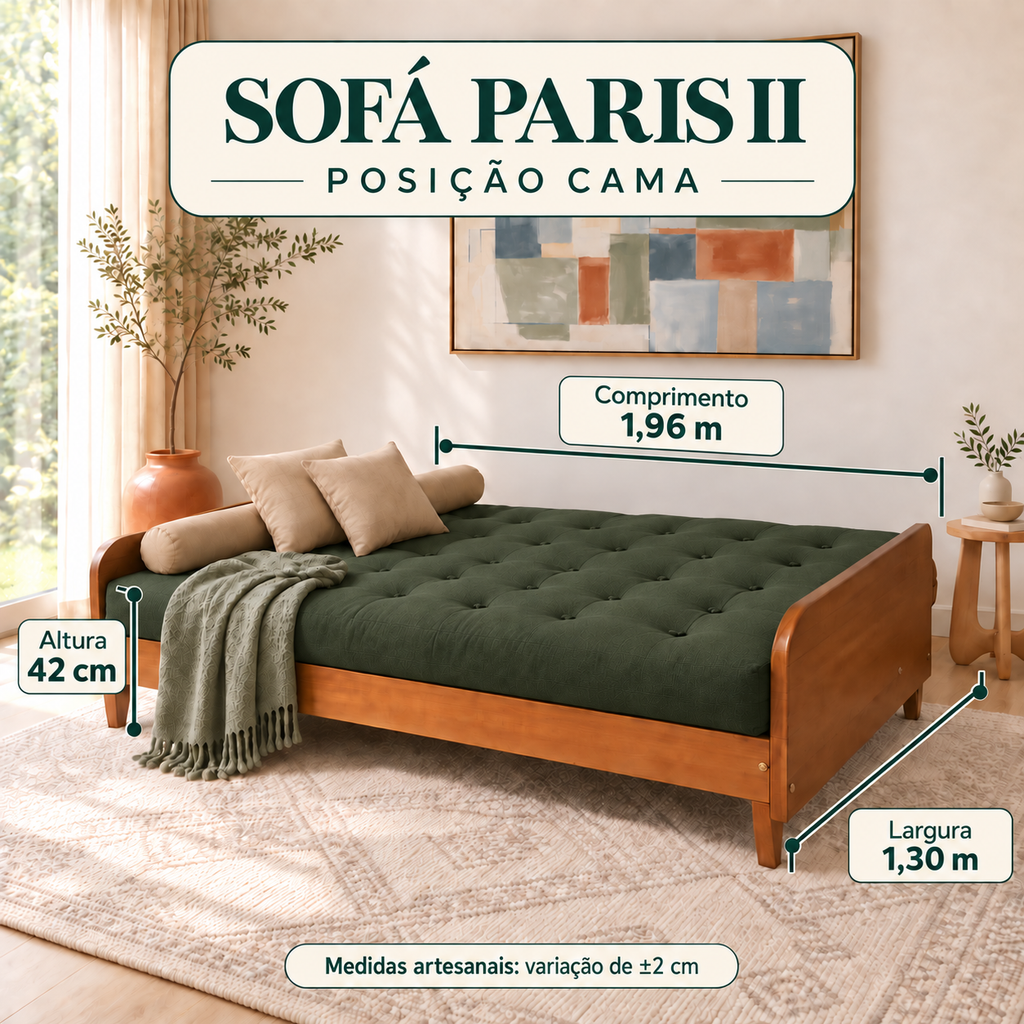 Sofá Cama Casal Futon Paris II Sarja em Madeira Maciça Mel - Cor Verde Militar - guia de medidas na posição cama