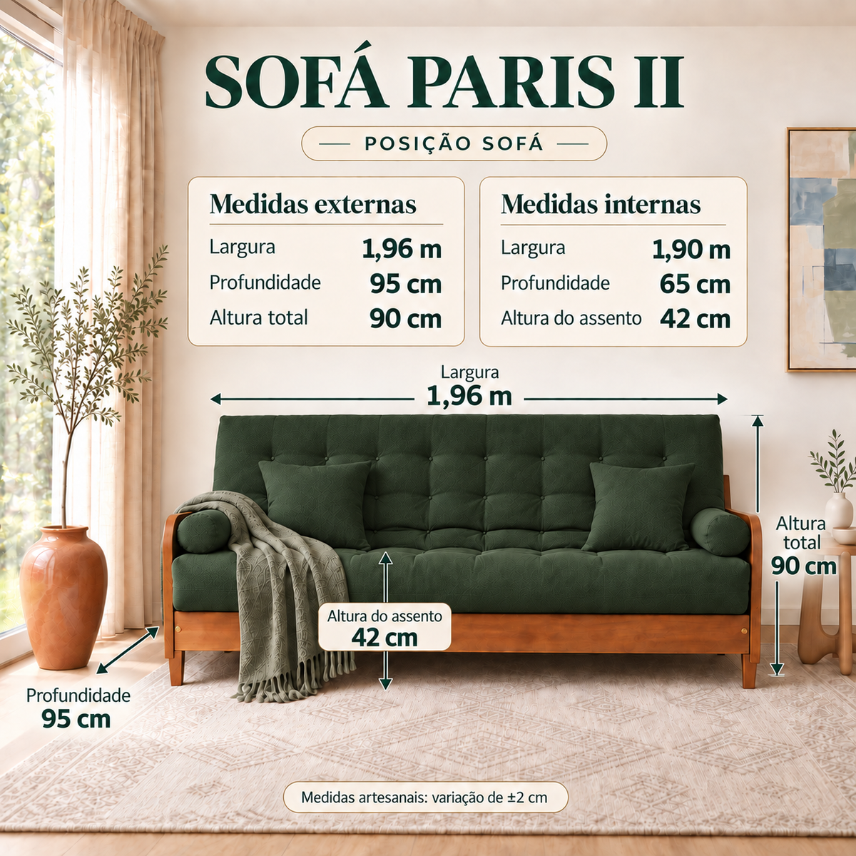 Sofá Cama Casal Futon Paris II Sarja em Madeira Maciça Mel - Cor Verde Militar - guia de medidas na posição sofá