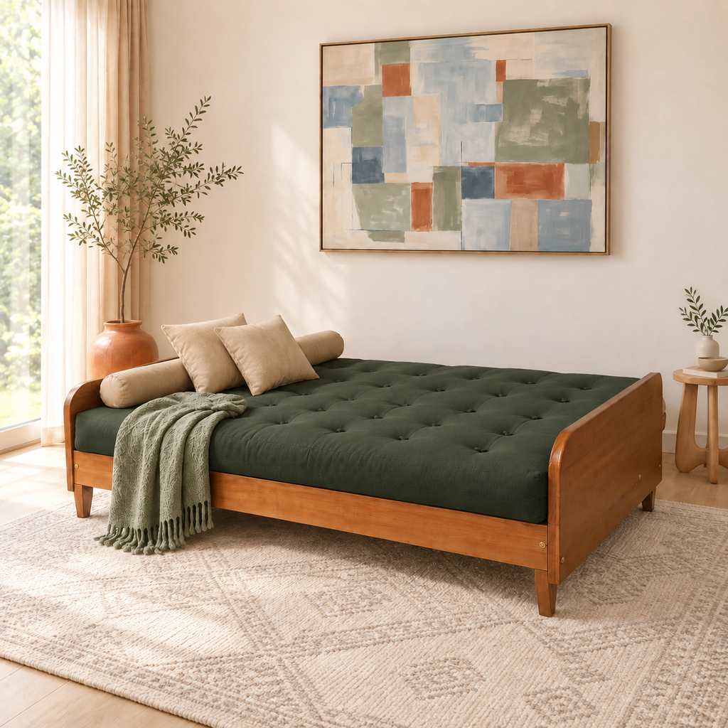 Sofá Cama Casal Futon Paris II Sarja em Madeira Maciça Mel - Cor Verde Militar - modo cama