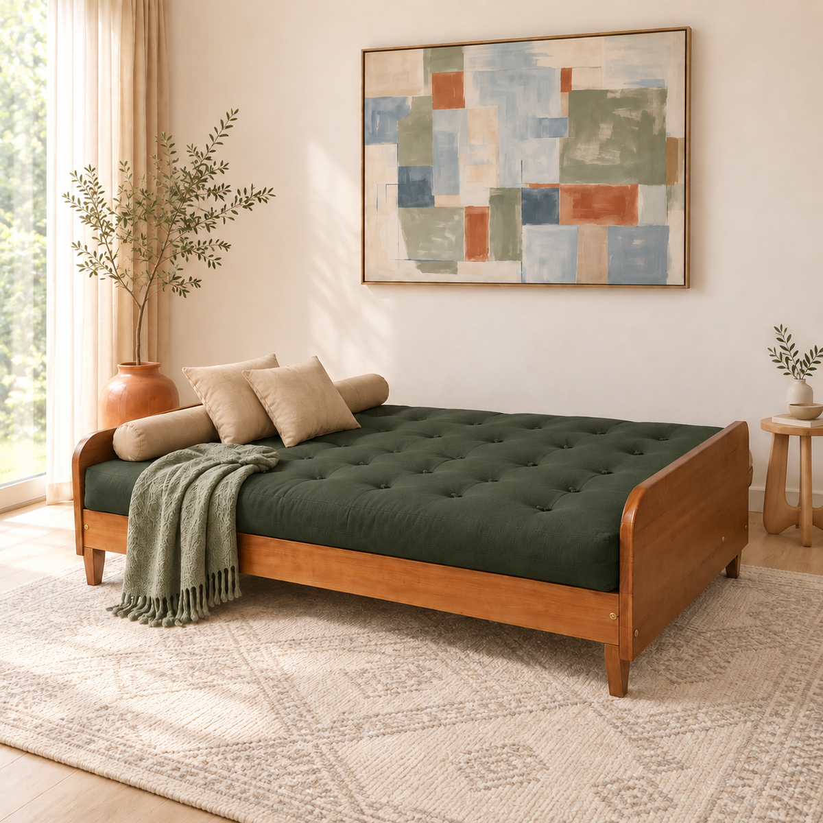 Sofá Cama Casal Futon Paris II Sarja em Madeira Maciça Mel - Cor Verde Militar - modo cama