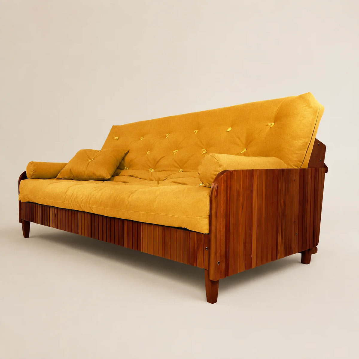 Sof� Cama Casal Futon Paris II Ripado Madeira Maci�a Imbuia - Tecido Acquablock Cor Amarelo