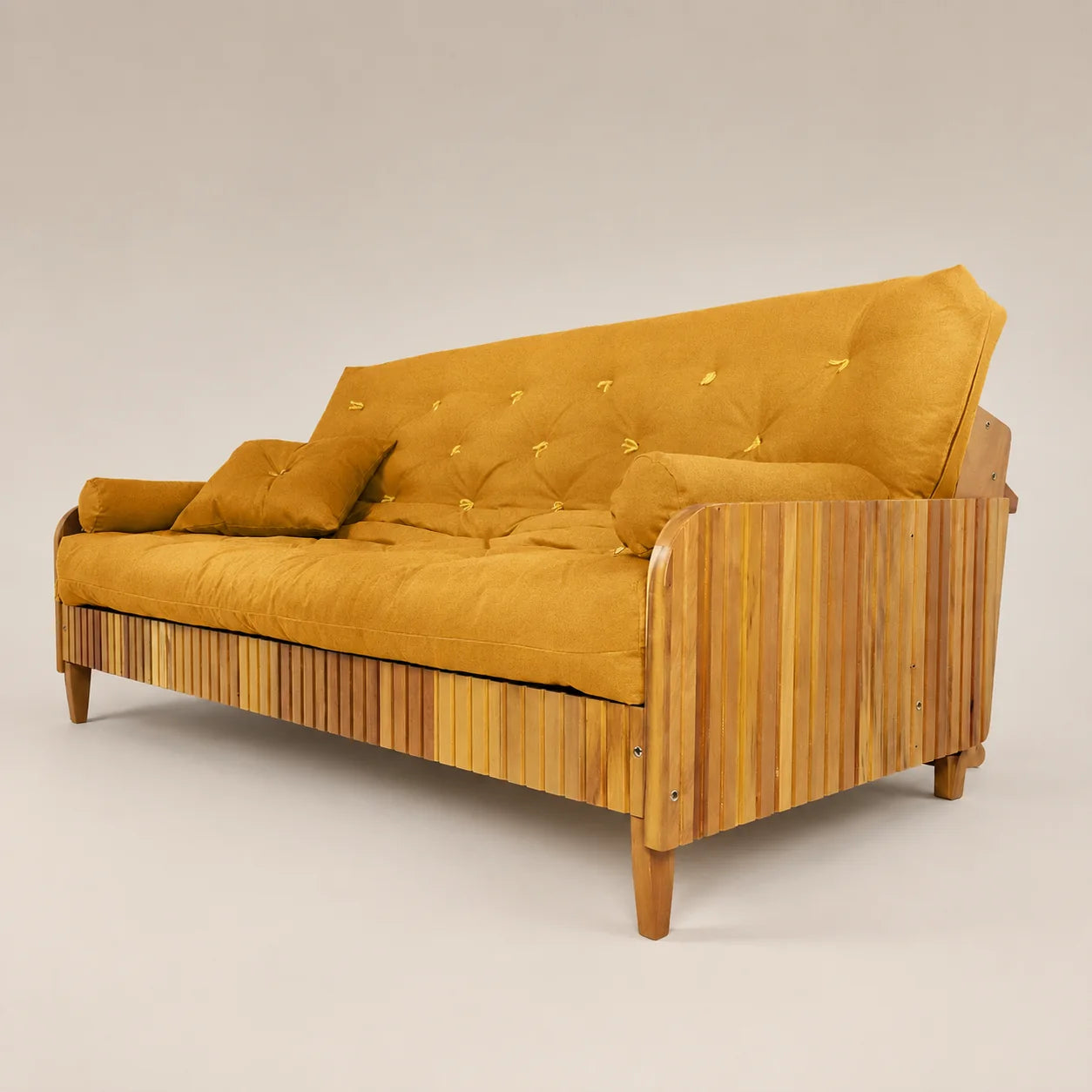 Sof� Cama Casal Futon Paris II Ripado Acquablock Madeira Maci�a Mel - Tecido  Cor Amarelo