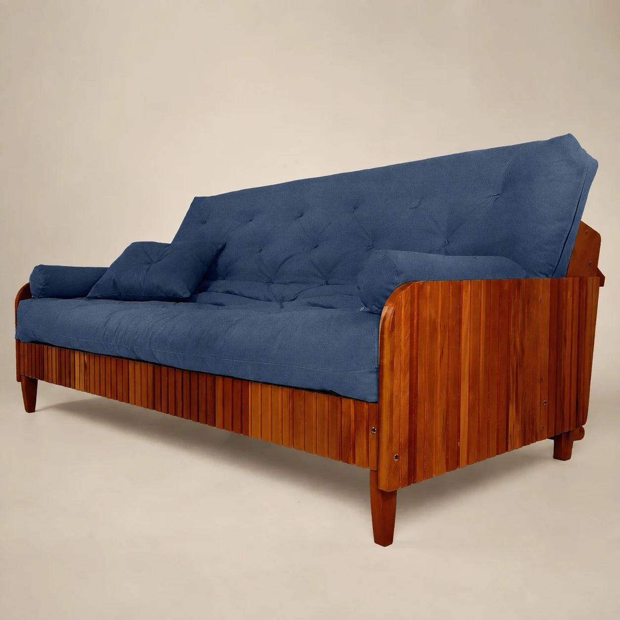 Sof� Cama Casal Futon Paris II Ripado Acquablock Madeira Maci�a Imbuia - Cor Azul Royal