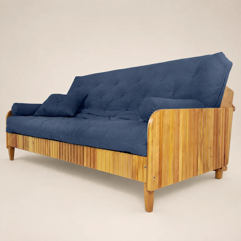 Sof� Cama Casal Futon Paris II Ripado Acquablock Madeira Maci�a Mel - Cor Azul Royal