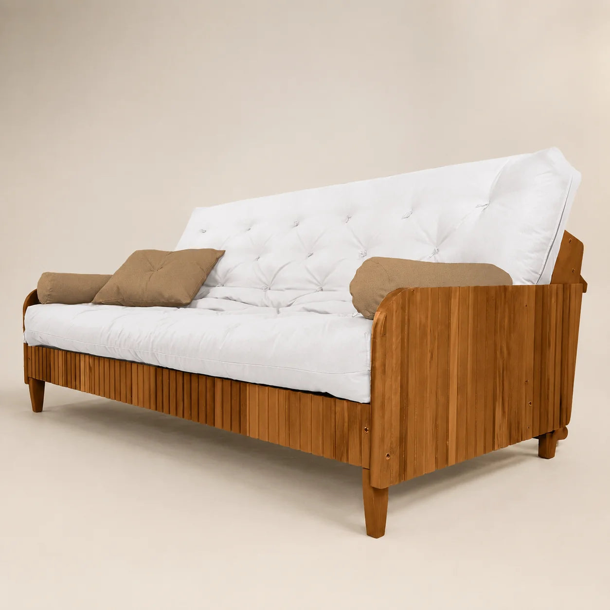 Sof� Cama Casal Futon Paris II Ripado Acquablock Madeira Maci�a Mel - Cor Branco Off