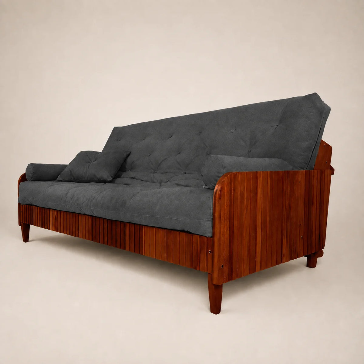 Sofá Cama Casal Futon Paris II Ripado Acquablock Madeira Maciça Imbuia - Cor Chumbo