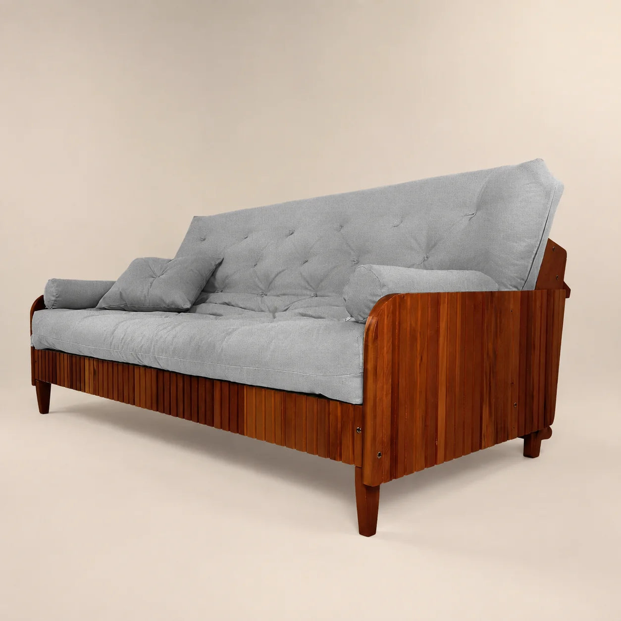 Sof� Cama Casal Futon Paris II Ripado Acquablock Madeira Maci�a Imbuia - Cor Cinza Linho