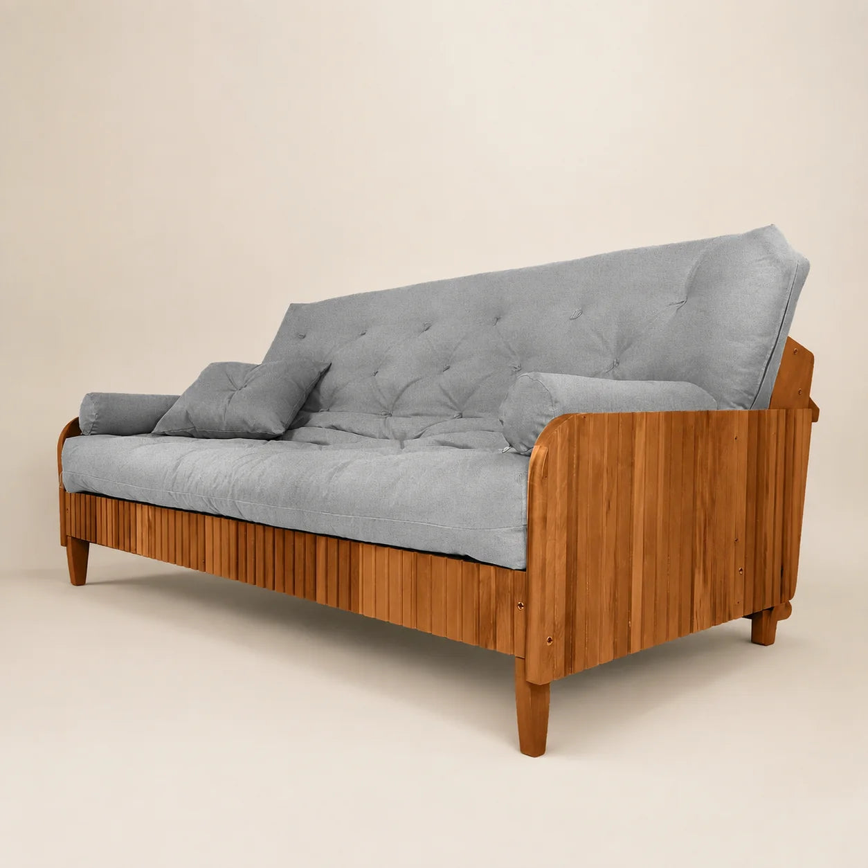 Sof� Cama Casal Futon Paris II Ripado Acquablock Madeira Maci�a Mel - Cor Cinza Linho