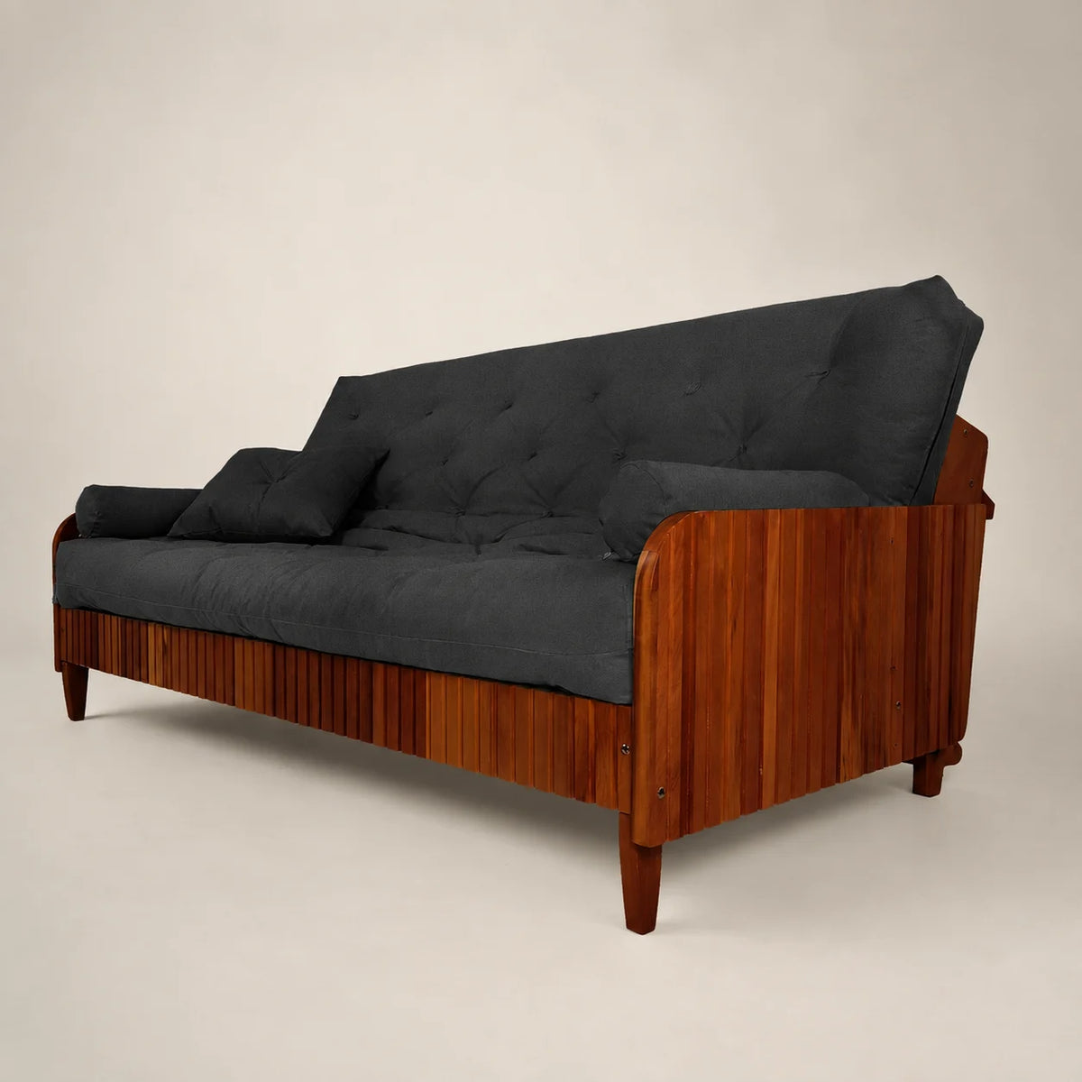 Sofá Cama Casal Futon Paris II Ripado Acquablock Madeira Maciça Imbuia - Cor Preto