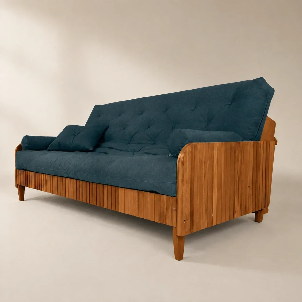 Sofá Cama Casal Futon D33 Paris Ripado Madeira Nobre - Tecido Acquablock Cor  Verde Oliva